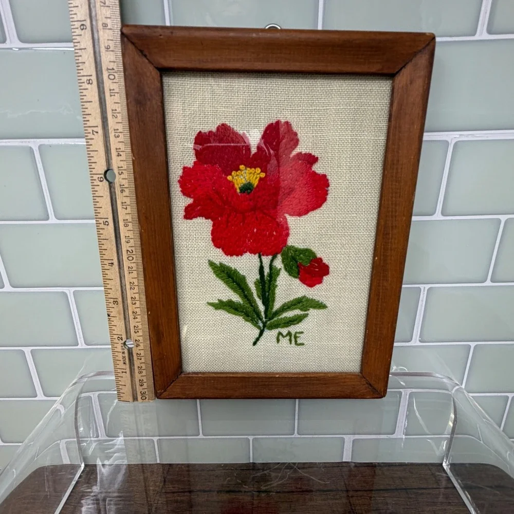 Vintage 1980 Handmade Floral Embroidery Hand Made Wood Frame Art Signed ME